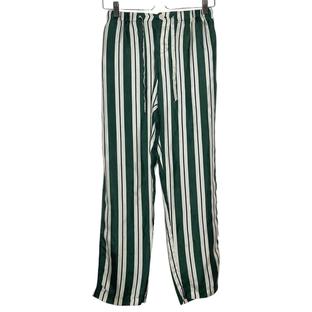 Sleepy Jones Green Cream Striped Silk Twill Pajama Pants XS